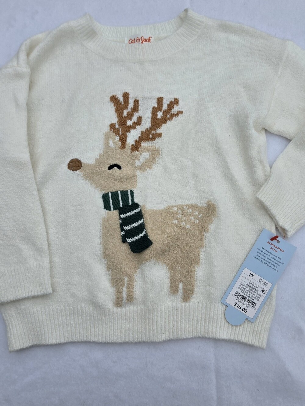Cat & Jack Cream Sweater with Tan Reindeer and Dark Green Scarf